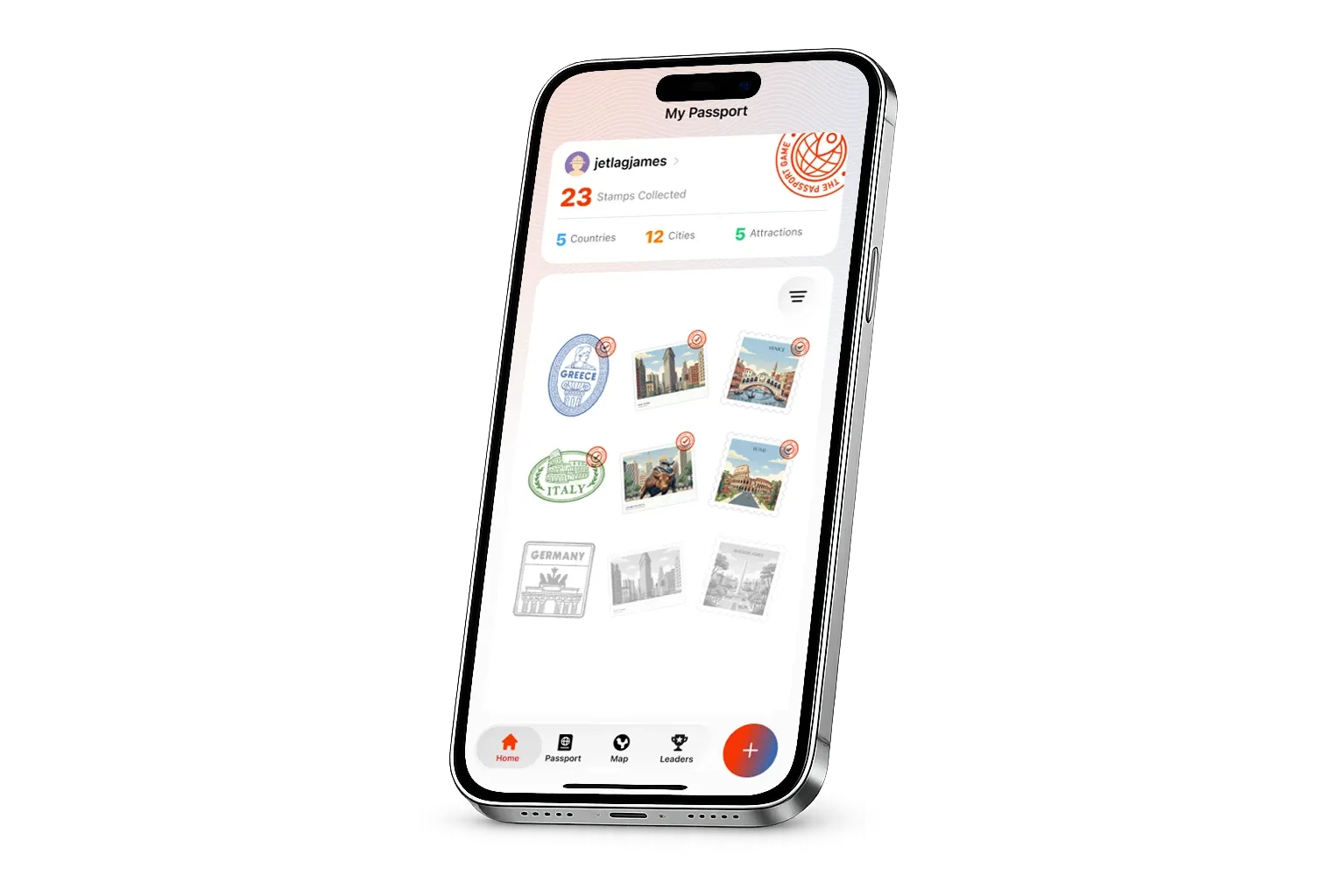 iPhone with The Passport Game app open